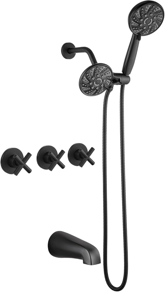 gotonovo 3 Handle Tub Shower Faucet Set, Dual Shower Head and Handle Set, Bathtub and Shower Faucet Combo,Shower System with Tub Spout,Wall Mount Tub Shower Trim Kit Matte Black