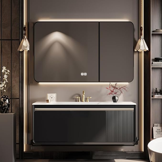 36IN Black Bathroom Vanity - Bathroom Vanity with Sink Featuring Infrared Body Sensor Lights & Smart LED Medicine Cabinet | Bathroom Cabinet with Door Panel Design & Ample Storage Space