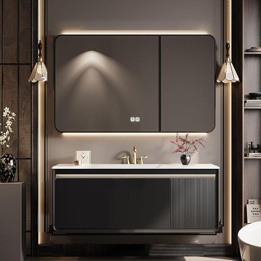 40IN Black Bathroom Vanity - Bathroom Vanity with Sink Featuring Infrared Body Sensor Lights & Smart LED Medicine Cabinet | Bathroom Cabinet with Door Panel Design & Ample Storage Space