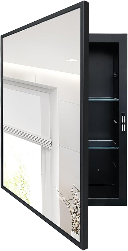 Recessed Medicine Cabinets with Mirror, Black Bathroom Mirror with Storage, Rectangle Medicine Cabinet Mirror, Metal Framed Wall Mirror Recessed or Surface Mount, 20x26 Inch