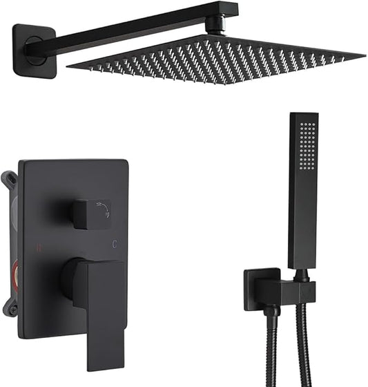 Shower Faucet Set Rain Shower System Matte Black with High Pressure 10-Inch Shower Head Handheld Square Shower Head Bathroom Luxury Rain Shower Faucet Shower Complete Combo Kit Wall Mounted