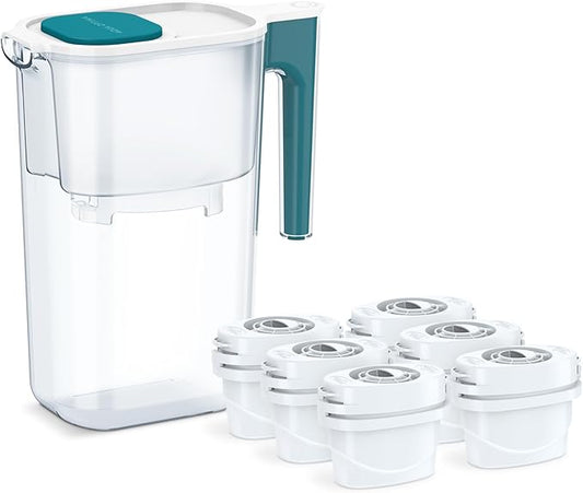 Perfect Pour Large 10 Cup Water Filter Pitcher by Aqua Optima, Reduces Microplastics, Ergonomic, Eliminates Splashes and Spills, BPA Free, NSF Certified, Includes 6 Evolve+ Water Filters, Blue