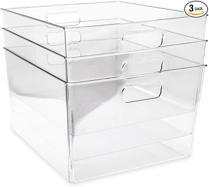 Isaac Jacobs 3-Pack XL Clear Storage Bins with Handles, Plastic Organizer for Office, Home, Kitchen, Pantry, Closet, Kids Room, Cube Shelf, Non-Slip Container Set (3-Pack, Extra-Large)
