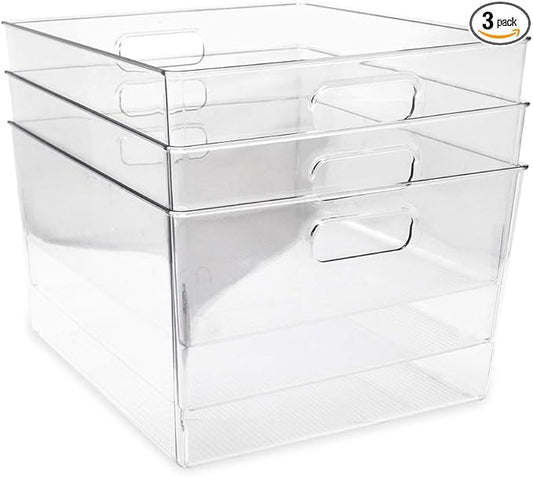 Isaac Jacobs 3-Pack XL Clear Storage Bins with Handles, Plastic Organizer for Office, Home, Kitchen, Pantry, Closet, Kids Room, Cube Shelf, Non-Slip Container Set (3-Pack, Extra-Large)