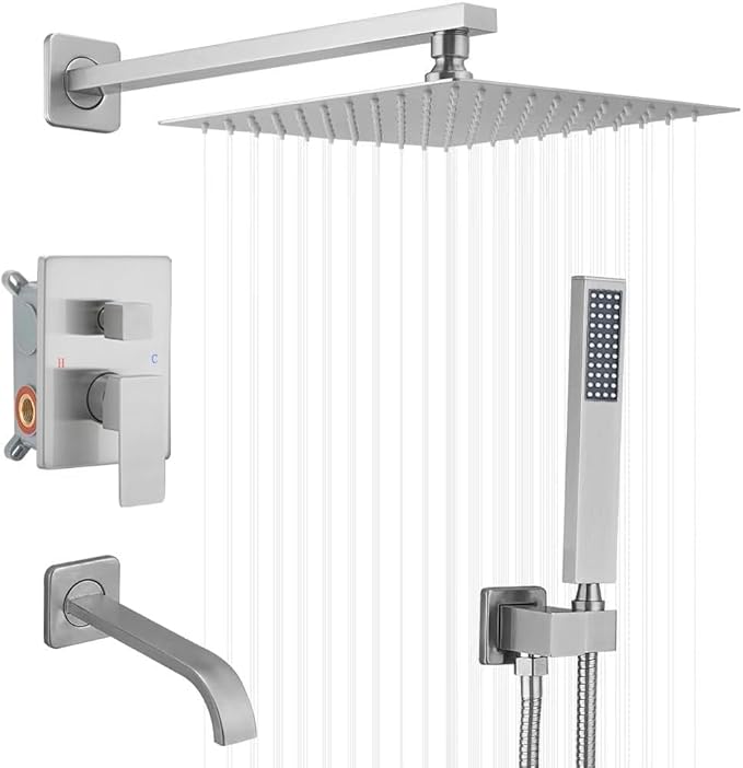 Brushed Nickel Shower System Bathroom Shower Faucet Set with Tub Spout Wall Mounted 10 Inch Shower Head and Handle Set with Handheld 3 Function Tub and Shower Trim Kit with Valve