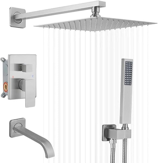 Brushed Nickel Shower System Bathroom Shower Faucet Set with Tub Spout Wall Mounted 10 Inch Shower Head and Handle Set with Handheld 3 Function Tub and Shower Trim Kit with Valve