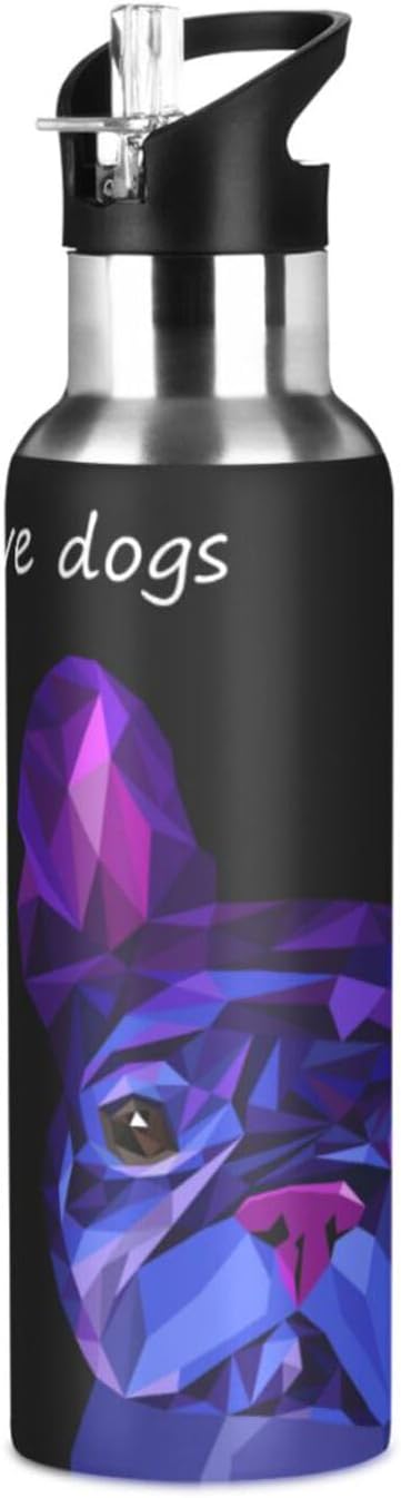 ALAZA Dog Cute Pet Animal Bulldog Water Bottle With Straw Lids Boys Girls,Vacuum Insulated Leakproof Stainless-Steel Sports Bottle Thermal Flask For Gym Yoga Camping,34Oz (1000Ml)