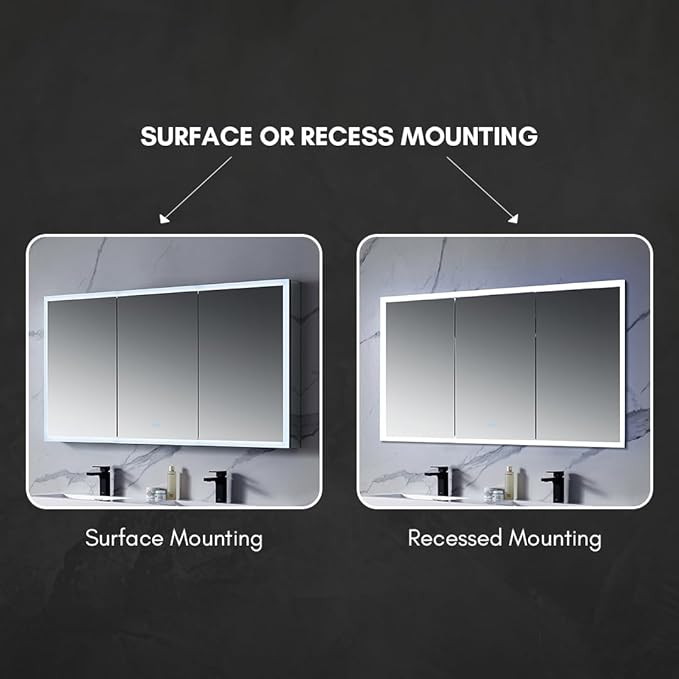 Blossom LED Mirror Medicine Cabinet with Lights, 60x32 Inch | Wall Mounted LED Lighted Bathroom Medicine Cabinet | Recessed or Surface with Defogger, 3 Color Dimmer | Makeup Mirror with Lights