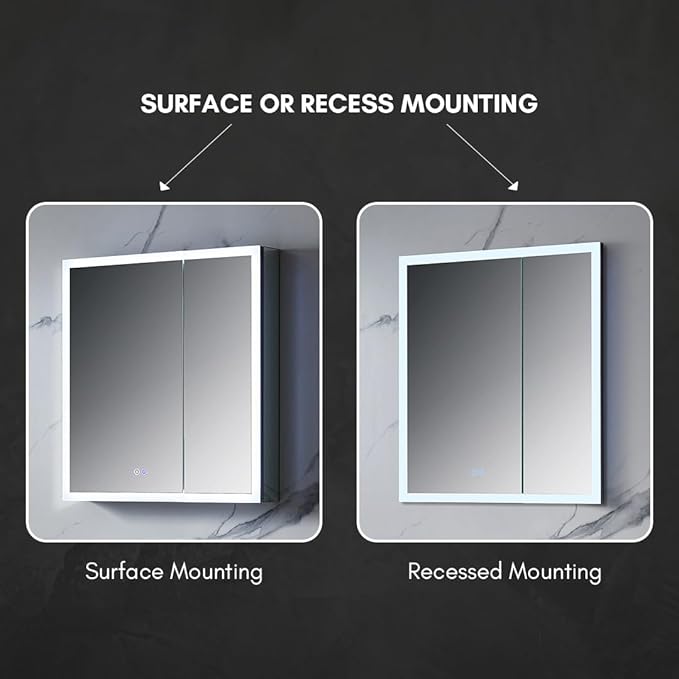 Blossom LED Lighted Mirror Medicine Cabinet, 30x32 Inch | Wall Mounted Recessed or Surface Bathroom LED Medicine Cabinet with Mirror, Makeup Mirror with Lights | Defogger, 3 Color Dimmer