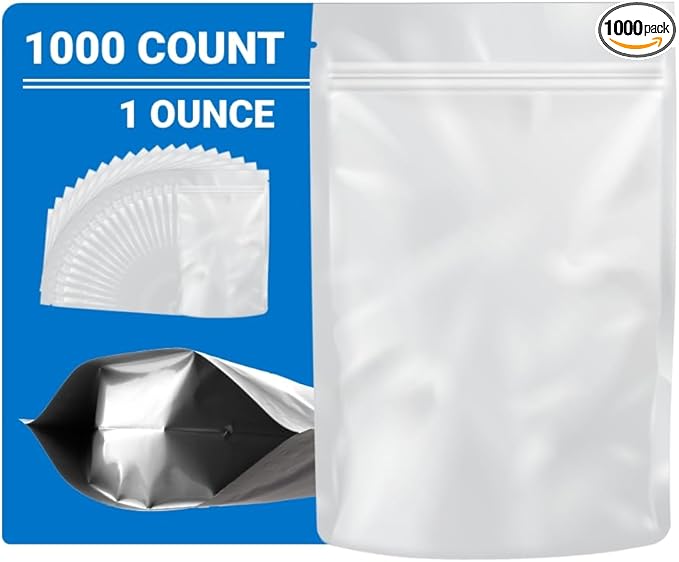 Mylar Bags Odor Sealing 1 Ounce All White - 1000 Count 9" X 6" 6mill Thickness - Packaging Bags - Mylar Bags For Food Storage - Resealable Bags - Odor Sealing Bags