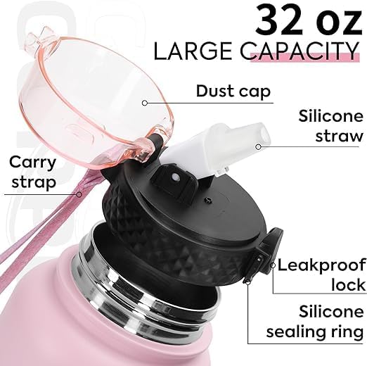 GOPPUS 32 oz Sports Water Bottle 1 Liter Double Wall Insulated Stainless Steel Water Bottles with Straw Lid Reusable Leak proof Metal water bottles with Strap Handle(Pink 1 lid)