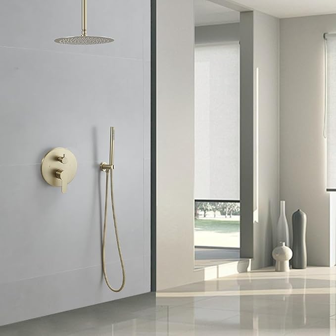 Brushed Gold Ceiling Mount Round Rain Shower System with 16 Inch Shower Head and Handheld Bathroom Shower Set Contain Shower Faucet Trim Kit (Mixer Valve Included)