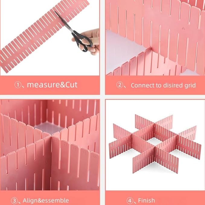 Adjustable Drawer Divider Kit – 8 Pack (White + Pink) – DIY Expandable Drawer Organizer for Dresser, Kitchen, Bathroom