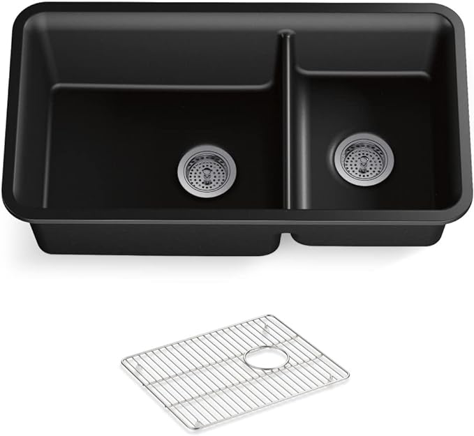 KOHLER K-8204-CM1 Cairn Sink, 33" Neoroc Composite Undermount Double-Bowl Kitchen Sink, Composite Kitchen Sink with Sink Rack, Matte Black