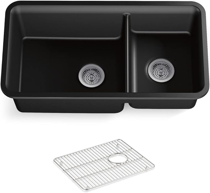 KOHLER K-8204-CM1 Cairn Sink, 33" Neoroc Composite Undermount Double-Bowl Kitchen Sink, Composite Kitchen Sink with Sink Rack, Matte Black