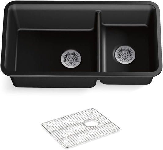 KOHLER K-8204-CM1 Cairn Sink, 33" Neoroc Composite Undermount Double-Bowl Kitchen Sink, Composite Kitchen Sink with Sink Rack, Matte Black
