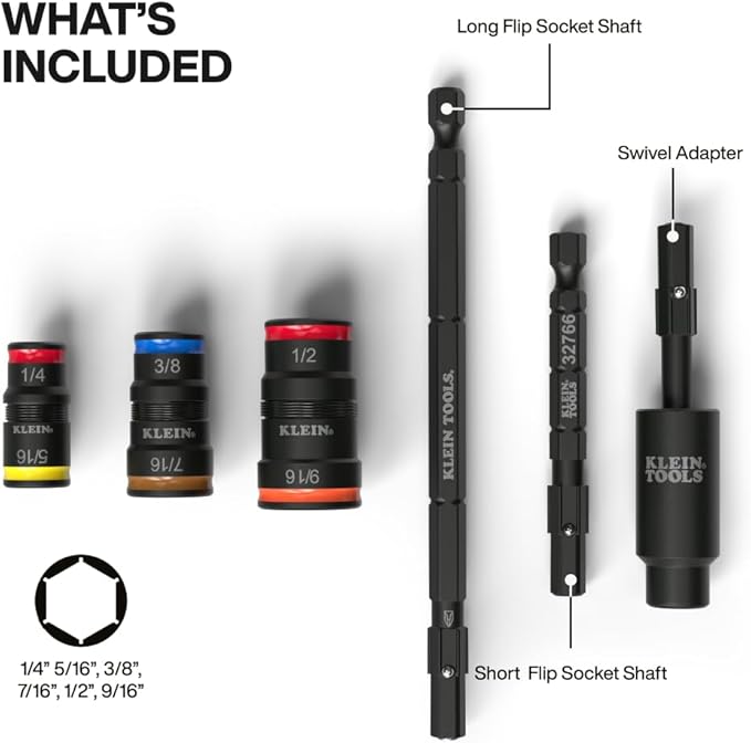 Klein Tools 32984 Impact Flip Socket Set with Swivel Adapter, 6-Piece, 25-Degree Swivel Head, SAE Hex Sizes, Nut Driving, Impact-Rated