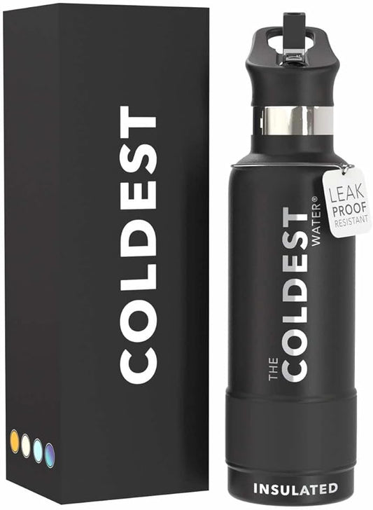 Coldest Water Bottle with Standard Mouth Straw Lid Metal Thermos Vacuum Insulated Stainless Steel l Reusable Leak Proof Cupholder Flask (21 oz, Stealth Black)
