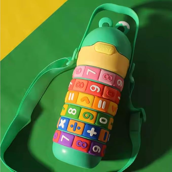 Kids Premium 14 oz Math Water Bottle with Silicone Spout, Leak-Proof Locking Flip Lid, Carrying Strap, Educational, Fun, Learning, Puzzle, Insulated, Stainless Steel Thermos, Sensory, Fidget. (Green)