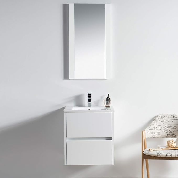 Blossom Valencia 20" Inches Single Bathroom Vanity with Ceramic Sink and Mirror, Glossy White All Wood Floating Bathroom Vanity with Sink, Mirror 016 20 01 M