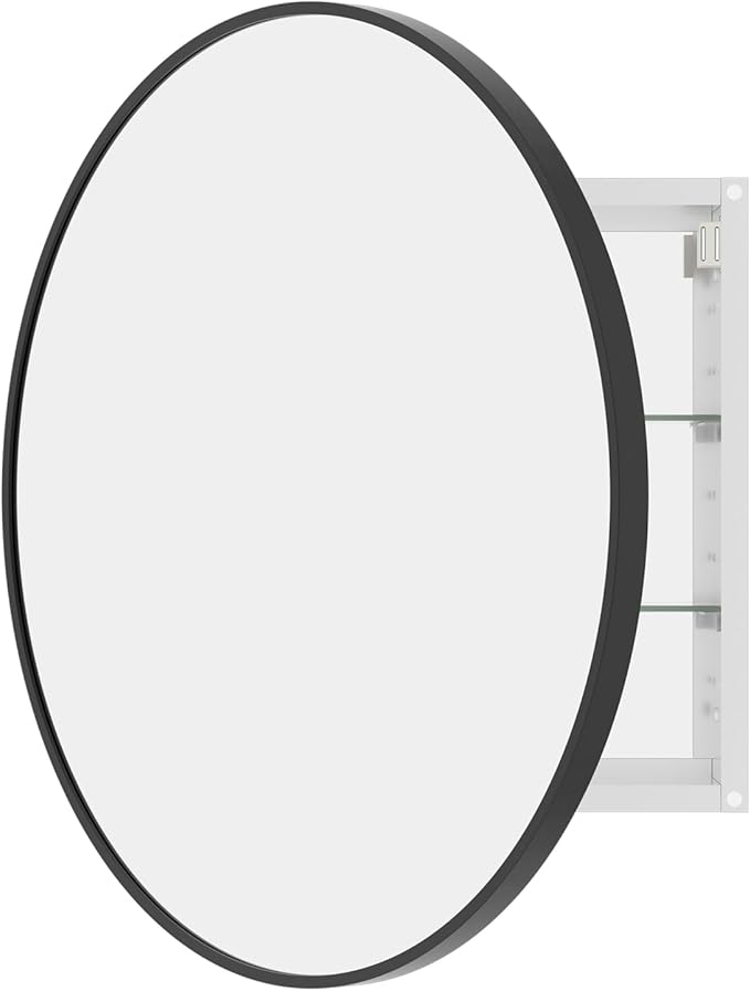 WallBeyond Bathroom Medicine Cabinet with Mirror, 28 Inch Black Round Mirror Medicine Mabinet Wall Mounted with Aluminum Alloy Metal Framed, Surface Mount Medicine Cabinet with Storage