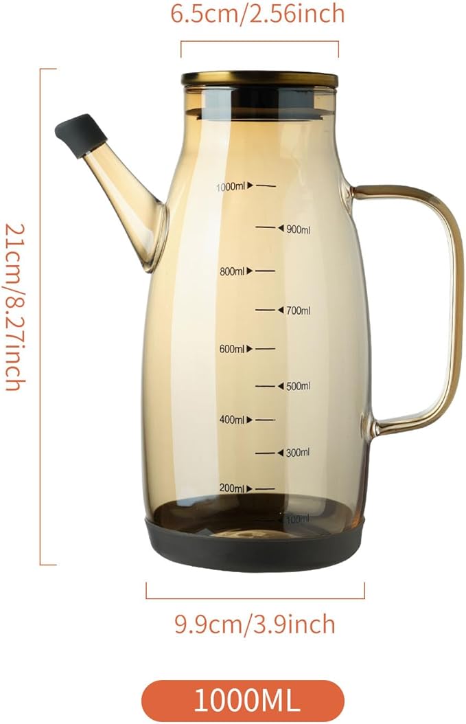 Large Glass Oil Dispenser Bottle for Kitchen Cooking Recipiente Para Aceite De Cocina Olive Oil Vinegar Dispenser Cruet Stainless Steel Lid No Drip Liquid Container (Champagne, 34oz /1000ml)