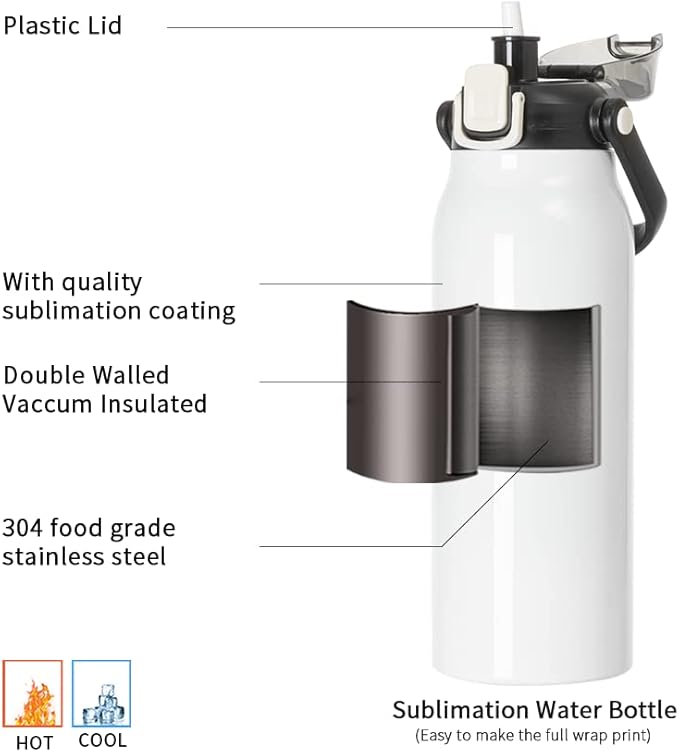 PYD Life Sublimation Water Bottles Vacuum Flasks 44 OZ White with Portable Sippy Up Lid and Straw Large Stainless Steel Travel Tumblers Cups Mugs for Tumbler Heat Press 2 Pack