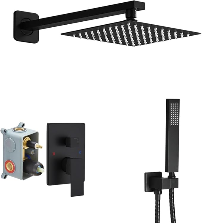 Matte Black Shower System Brass Bathroom Luxury Rain Mixer Shower Combo Set Wall Mounted Rainfall Shower Head System Shower Faucet Rough-in Valve Body and Trim Included