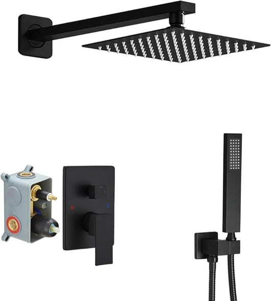 Matte Black Shower System Brass Bathroom Luxury Rain Mixer Shower Combo Set Wall Mounted Rainfall Shower Head System Shower Faucet Rough-in Valve Body and Trim Included