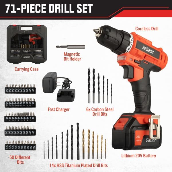 71-Piece Drill Set - 20V Cordless Drill with 21+1 Torque and Accessory Kit with Rechargeable Battery, LED Light, and Drill Bit Set by Stalwart (Red)