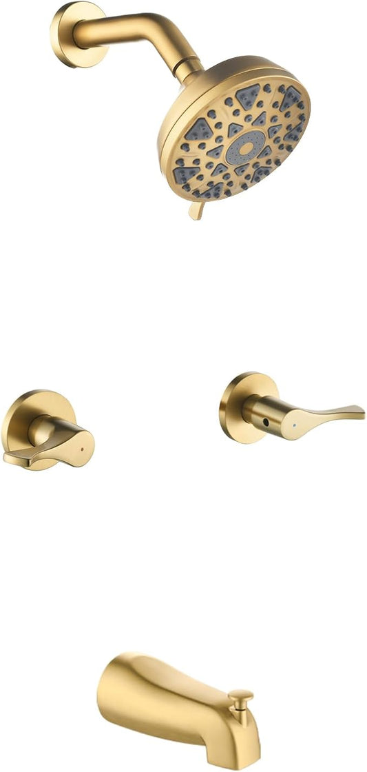 2 Handles Shower Faucet Set with Tub Spout Bathtub Shower Faucet Combo Set Shower System Complete Tub and Shower Trim Kit Wall Mounted Shower Fixtures Brushed Gold