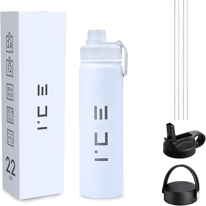 ICE Sports Water Bottle - Includes 3 Lids (1 Straw Lid) & 2 Straws - Leak proof Stainless Steel Gym & Sport Bottles for Men, Women & Kids - Double Walled, Insulated Thermos (White, 22 oz)