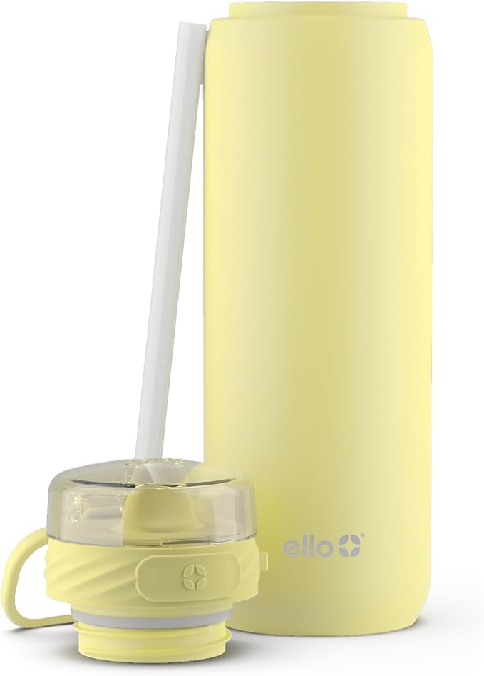 Ello Cooper 32oz Stainless Steel Water Bottle with Straw and Carry Handle, Double Walled and Vacuum Insulated Metal, Leak Proof Locking Lid with Soft Silicone Spout, Reusable, BPA Free, Lemonade