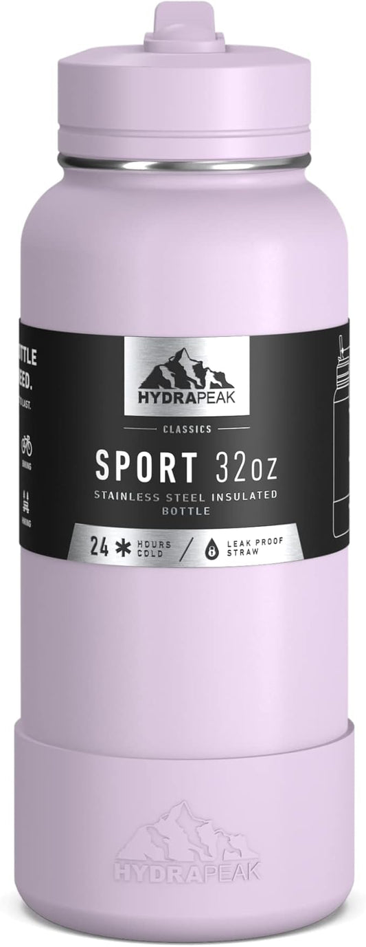 Hydrapeak 32oz Sport Insulated Water Bottle with Straw or Chug Lid, Leak & Spill Proof, Keeps Drinks Cold for 24 Hours, Hot for 12 Hours, Premium Stainless Steel Water Bottles (32oz, Blush)