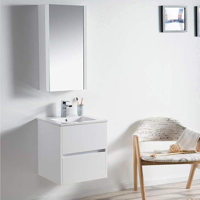 Blossom Valencia 20" Inches Single Bathroom Vanity, Wall Hung Bathroom Vanity with Ceramic Sink, Mirror Medicine Cabinet, All Wood Floating Bathroom Vanity Glossy White 016 20 01MC