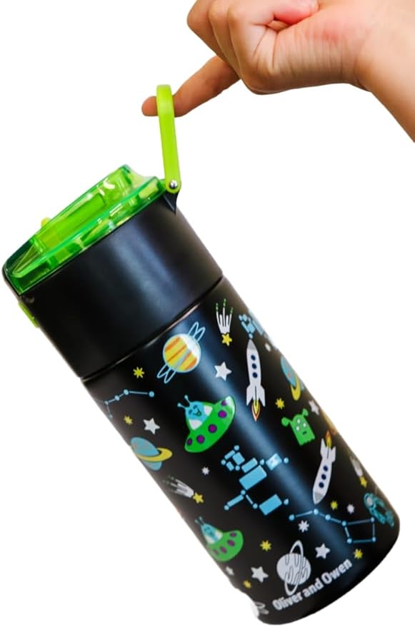 Kids insulated water bottle with straw and snack cup. Double wall stainless steel 14oz (black and green space)
