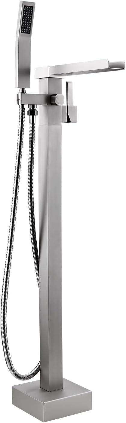 BAGNOLUX Solid Brass Floor Mount Bathtub Faucet Free Standing Tub Faucet Freestanding Tub Filler Brushed Nickel High Flow Rate Swivel Spout with Hand Shower, ‎YGSLT-Waterfall Brushed Nickel