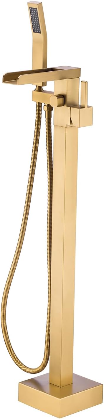BAGNOLUX Solid Brass Floor Mount Bathtub Faucet Free Standing Tub Faucet Freestanding Tub Filler Brushed Brass High Flow Rate Swivel Spout with Hand Shower, YGSLT-Waterfall Brushed Gold