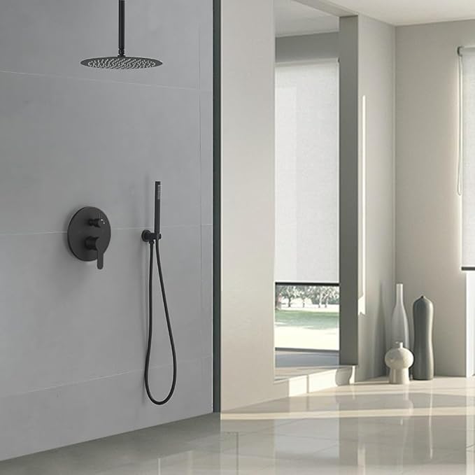 Matte Black Ceiling Mount Round Rain Shower System with 16 Inch Shower Head and Handheld Bathroom Shower Set Contain Shower Faucet Trim Kit (Mixer Valve Included)
