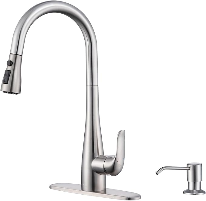 Kitchen Faucet with Soap Dispenser and Pull Down Sprayer - Stainless Steel Single Handle Kitchen Sink Faucet, 1 or 3 Hole Design for Modern Farmhouse Kitchens, Rv, and Bar Sinks(Brushed Nickel)