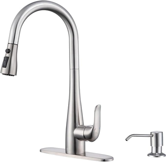 Kitchen Faucet with Soap Dispenser and Pull Down Sprayer - Stainless Steel Single Handle Kitchen Sink Faucet, 1 or 3 Hole Design for Modern Farmhouse Kitchens, Rv, and Bar Sinks(Brushed Nickel)