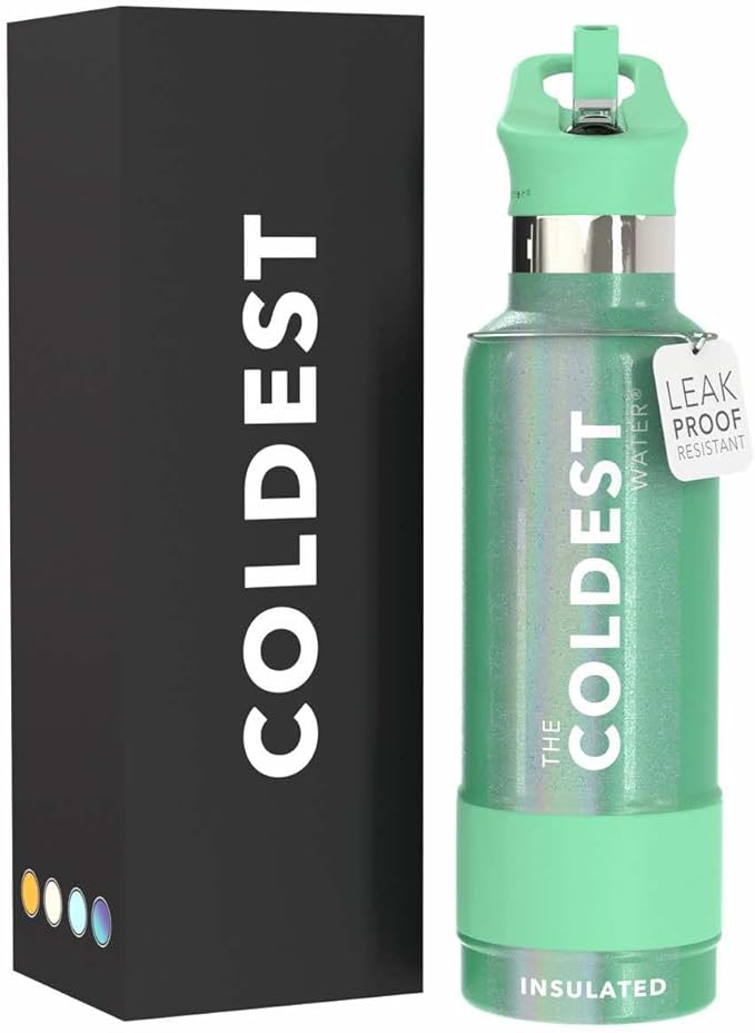 Coldest Water Bottle with Standard Mouth Straw Lid Metal Thermos Vacuum Insulated Stainless Steel l Reusable Leak Proof Cupholder Flask (21 oz, Green Aurora)