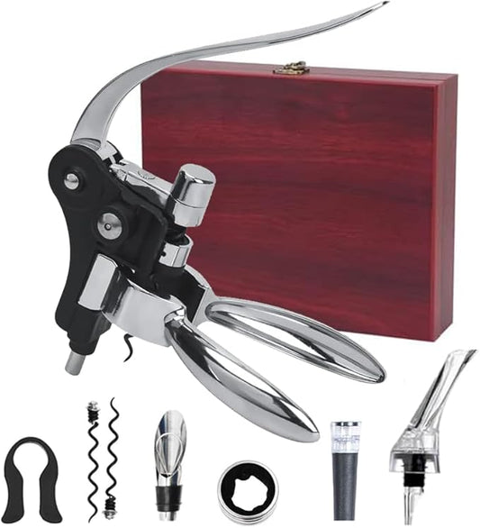 Wine Bottle Opener Set with Accessories Polished Silver in Wood Box, Aerator, Extra Screws, Foil Cutter, Pourer, Vaccu Stopper, Winged Wine Opener, Rabbit Red Wine Corkscrew Set (Polished Silver)