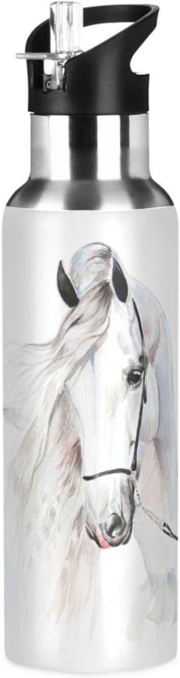 senya 34 Oz Water Bottle with Straw White Horse Stainless Steel Water Bottle for Traveling Sports Leakproof Insulated Water Bottle