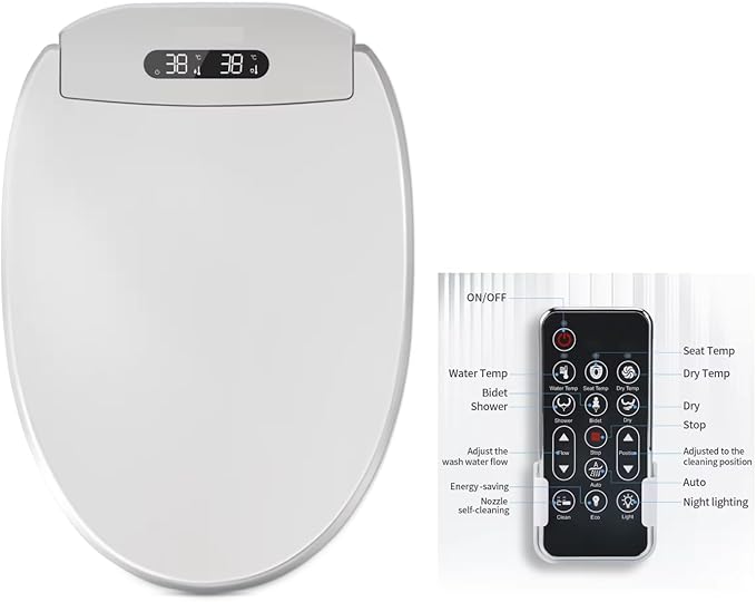 Electric Bidet Toilet Seat, Filtered & Unlimited Warm Water, 8 Modes Spa Wash, Warm Air Dryer, Heated Seat, Self-Clean Stainless Steel Nozzle, HD Night Light. 10-year warranty. (TB-38E,Elongated)