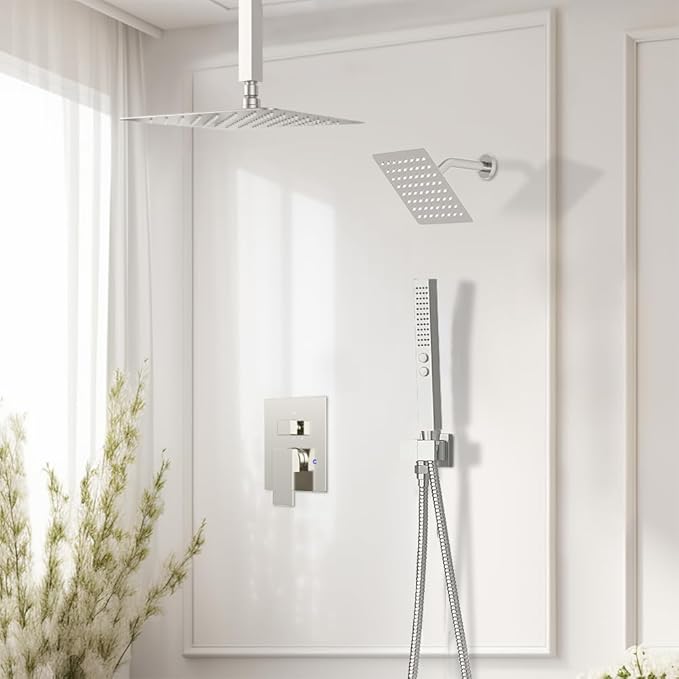 Rain Shower System Brushed Nickel,STARBATH Ceiling Mount 12'' Rain Shower Head and 6'' Rainfall Shower with Handheld Spray, 3 Way Shower Valve with 5 Diverter and Trim Kit Shower Faucet Set