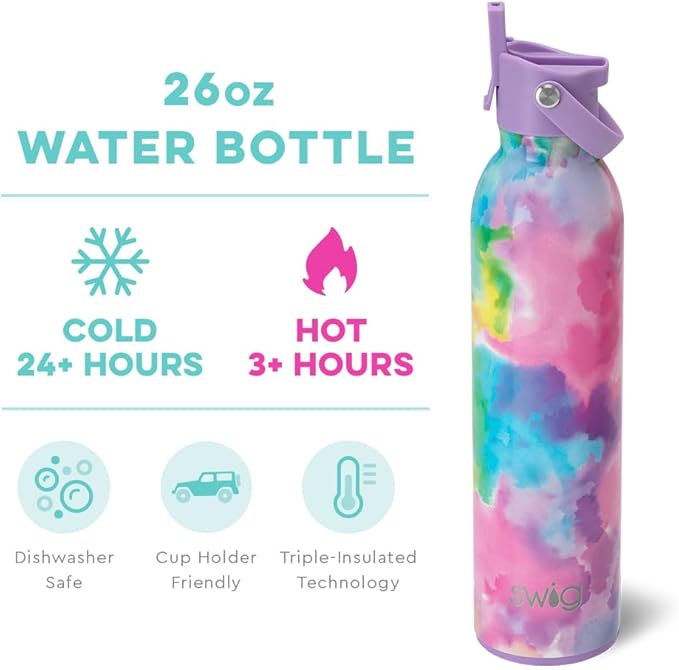 Swig Life 26oz Insulated Water Bottle with Straw & Flip + Sip Handle | Leak Proof, Dishwasher Safe, Cup Holder Friendly, Stainless Steel Water Bottle (Cloud Nine)