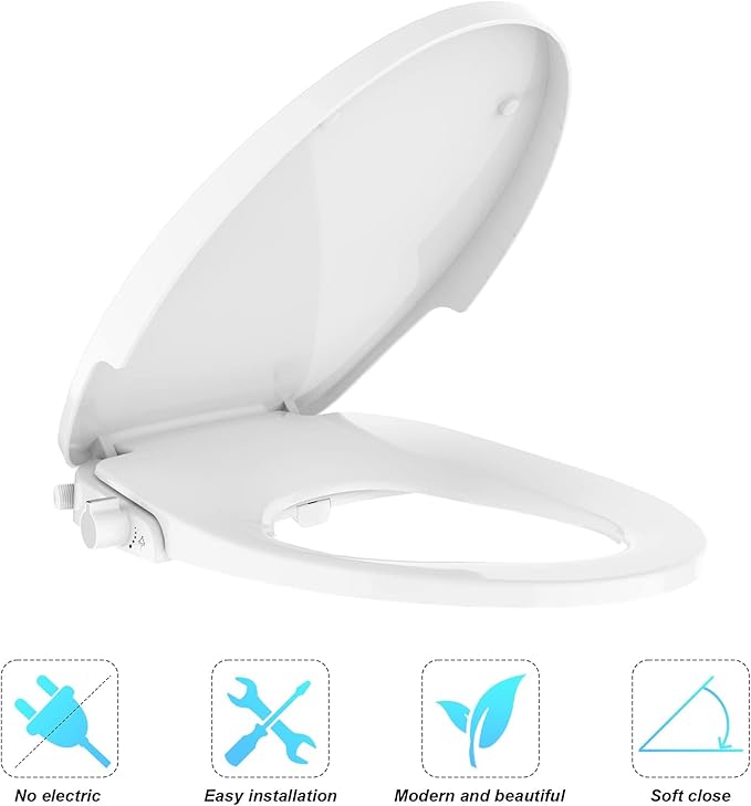 Bidet Toilet Seat for Round Toilet, Non-Electric Dual Nozzle Bidet Attachment with Soft Close Lid, Feminine Hygiene Toilet Seat Cover for Women, Easy Install, White, 17 Inch