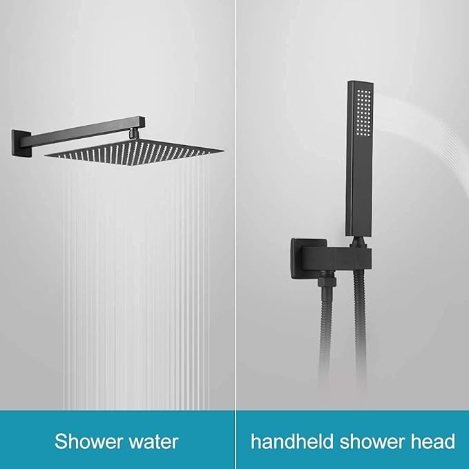 BWE Black Shower Faucet 16 Inch Square Luxury Rain Mixer Shower System Sets Complete 2-Functions Pressure Balancing Wall Mount Rainfall Rough-in Valve Body and Trim Included