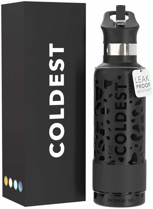 Coldest Water Bottle with Standard Mouth Straw Lid Metal Thermos Vacuum Insulated Stainless Steel l Reusable Leak Proof Cupholder Flask (21 oz, Black Leopard)